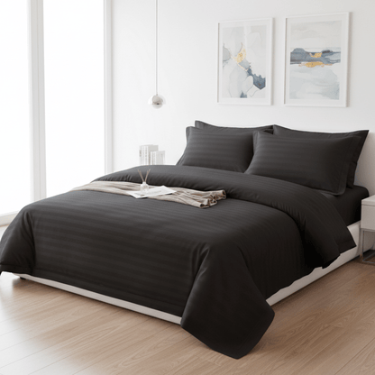 Premium King Size 6 Pieces striped design, Plain duvet cover set, Black color. - BusDeals