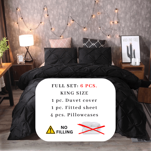 Premium King size 6 pieces Without filler, Pinch pleat plain black color, Bedding Set - BusDeals