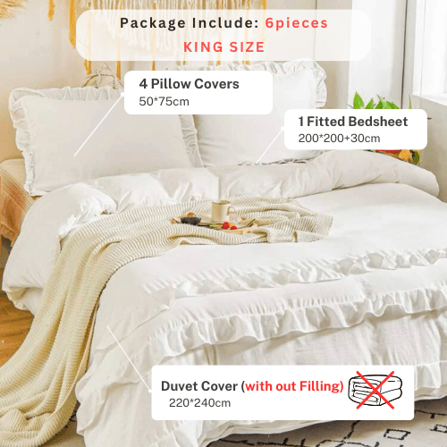 Premium King size 6 pieces without filler, Plain color ruffles design Bali Milky White Color, Bedding Set - BusDeals