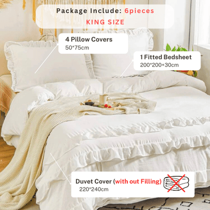 Premium King size 6 pieces without filler, Plain color ruffles design Bali Milky White Color, Bedding Set - BusDeals