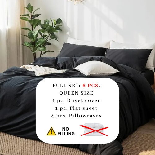 Premium Queen/Double size 6 pieces Bedding Set without filler, Plain Black Color - BusDeals