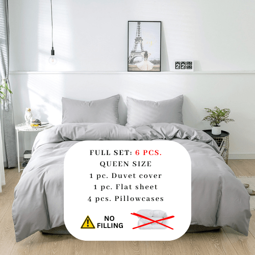 Premium Queen/Double size 6 pieces Bedding Set without filler, Plain Light Gray Color - BusDeals