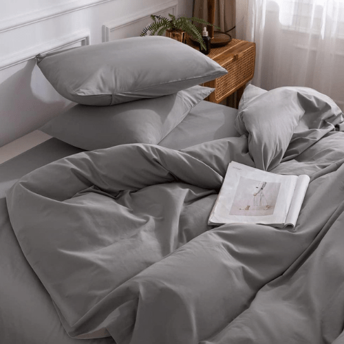 Premium Queen/Double size 6 pieces Bedding Set without filler, Plain Light Gray Color - BusDeals