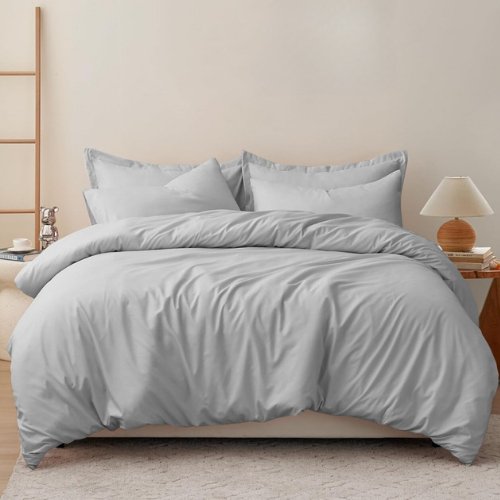 Premium Queen/Double size 6 pieces Bedding Set without filler, Plain Light Gray Color - BusDeals