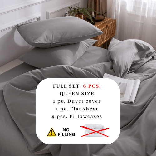 Premium Queen/Double size 6 pieces Bedding Set without filler, Plain Light Gray Color - BusDeals