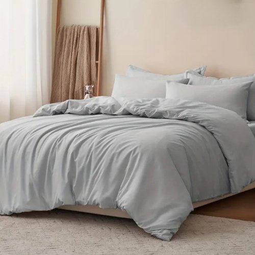 Premium Queen/Double size 6 pieces Bedding Set without filler, Plain Light Gray Color - BusDeals
