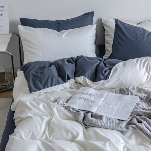 Premium Queen/Double Size 6 Pieces Duvet Cover Set, Reversible White with Gray Color Plain Style Bedding Set. - BusDeals