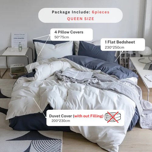 Premium Queen/Double Size 6 Pieces Duvet Cover Set, Reversible White with Gray Color Plain Style Bedding Set. - BusDeals