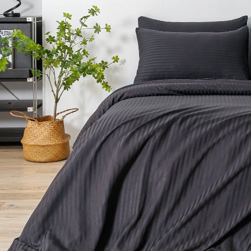 Premium Single size 4-piece bed linen, satin striped, black color. - BusDeals