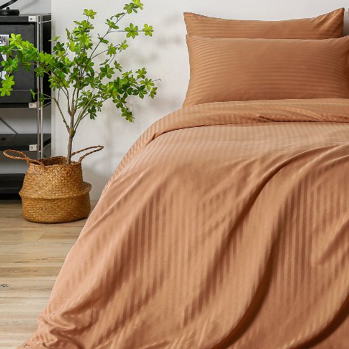 Premium Single size 4 - piece bed linen, satin striped, brown tan color. - BusDeals