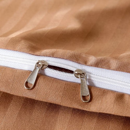Premium Single size 4 - piece bed linen, satin striped, brown tan color. - BusDeals