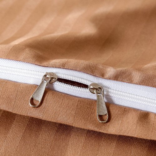 Premium Single size 4 - piece bed linen, satin striped, brown tan color. - BusDeals