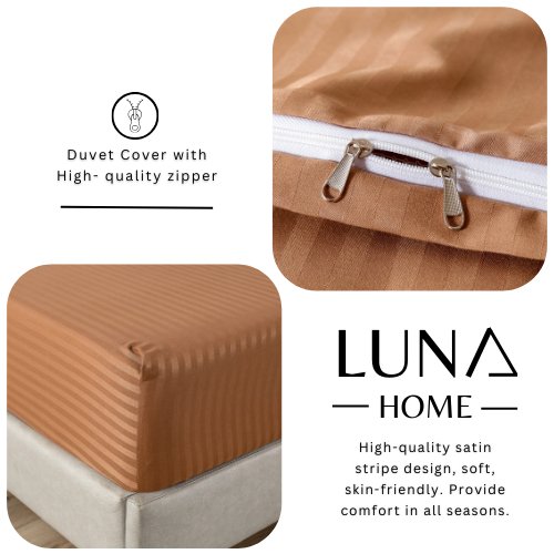 Premium Single size 4 - piece bed linen, satin striped, brown tan color. - BusDeals