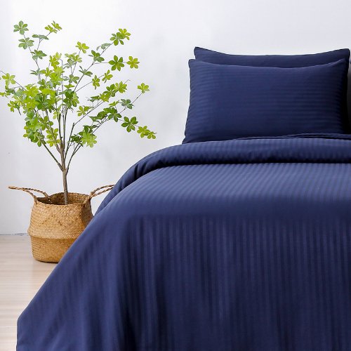 Premium Single size 4 - piece bed linen, satin striped, dark blue color. - BusDeals