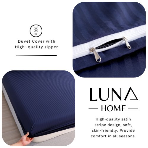 Premium Single size 4 - piece bed linen, satin striped, dark blue color. - BusDeals