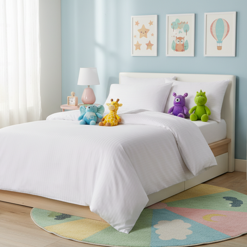 Premium Single size 4 - piece bed linen, satin striped, white color. - BusDeals