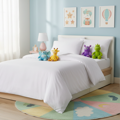Premium Single size 4 - piece bed linen, satin striped, white color. - BusDeals