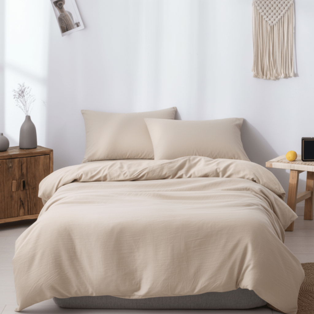 Premium single size 4 pieces duvet cover set, plain beige color. - BusDeals