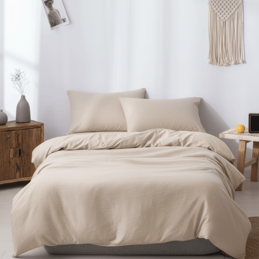 Premium single size 4 pieces duvet cover set, plain beige color. - BusDeals