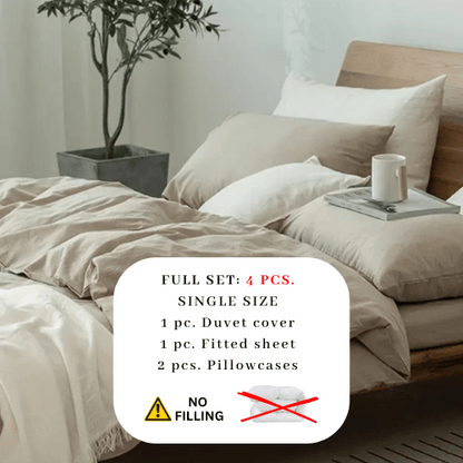 Premium single size 4 pieces duvet cover set, plain beige color. - BusDeals