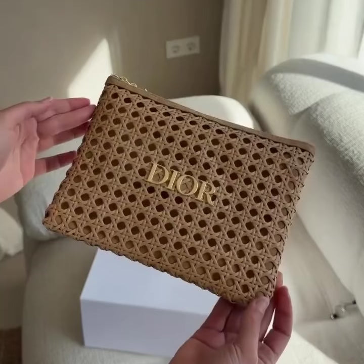 Load video: Dior Beauty Summer Counter Gift Rattan Cosmetic Clutch, Beige