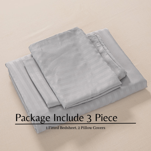 Queen Size 3 Piece Set, Bedsheet with 2 Pillow Cases, Grey Color, Satin Striped Design. - BusDeals