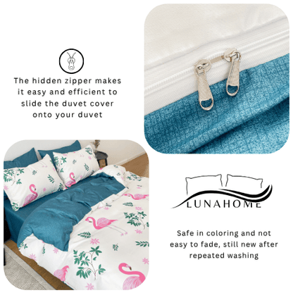 Queen size, 6 - piece a stunning pink flamingo design set against a white background with touches of pink. - BusDeals