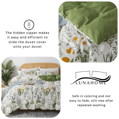 Queen size 6 piece bedding set adorned with green leaves. - BusDeals