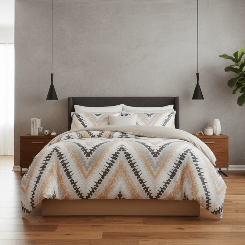 Queen size 6 piece bedding set, brown zig zag pattern, very soft quality duvet cover set - BusDeals