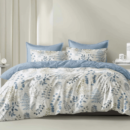 Queen size 6 piece bedding set, featuring a beautiful blue leaf design. - BusDeals