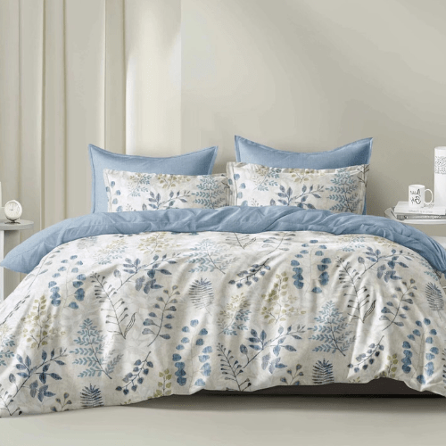 Queen size 6 piece bedding set, featuring a beautiful blue leaf design. - BusDeals