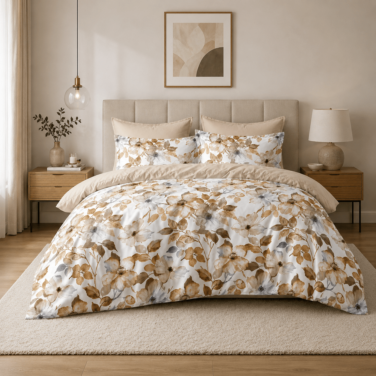 Queen size 6 piece bedding set, Serene minimalist bedroom with botanical accents - BusDeals