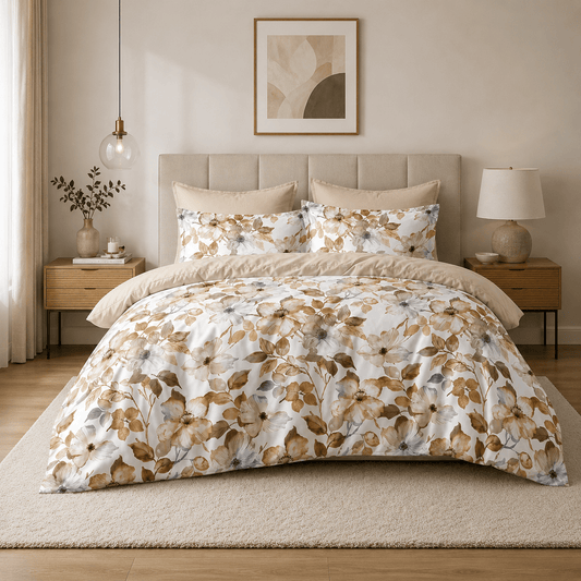 Queen size 6 piece bedding set, Serene minimalist bedroom with botanical accents - BusDeals