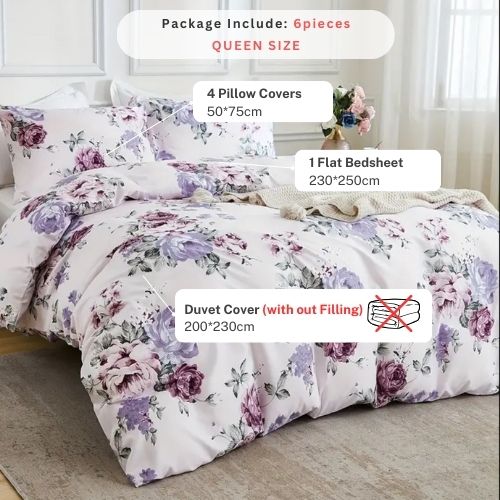 Queen size 6 piece bedding set, white bed linen with purple floral pattern. - BusDeals