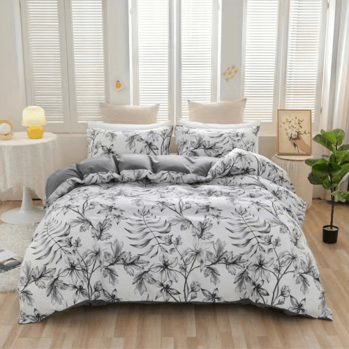 Queen size 6 piece bedding set with gray leaf pattern, very soft quality. - BusDeals