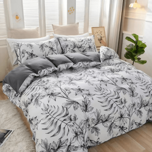 Queen size 6 piece bedding set with gray leaf pattern, very soft quality. - BusDeals