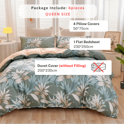 Queen size 6 piece bedding set with green leaf pattern, very soft quality. - BusDeals