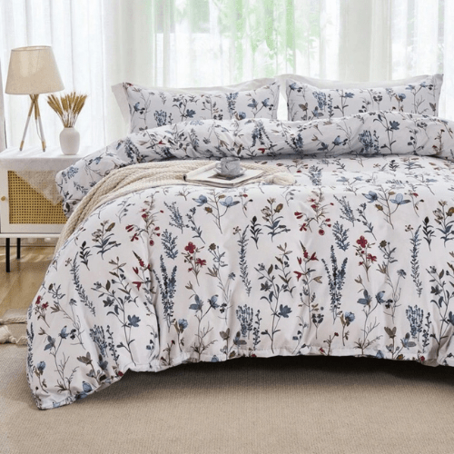 Queen size 6 - piece blue bedding set featuring a botanical floral design duvet cover. - BusDeals