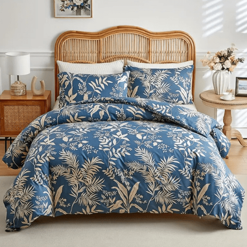 Queen size 6 - piece blue with beige leaf style duvet cover set. - BusDeals
