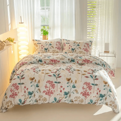 Queen size 6 - piece botanical red floral style duvet cover set. - BusDeals