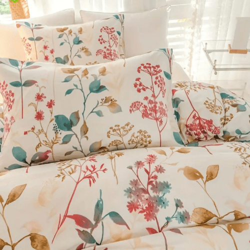 Queen size 6 - piece botanical red floral style duvet cover set. - BusDeals