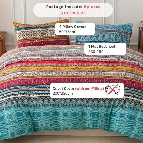 Queen size 6 piece duvet cover set, colourful bohemian bedding. - BusDeals