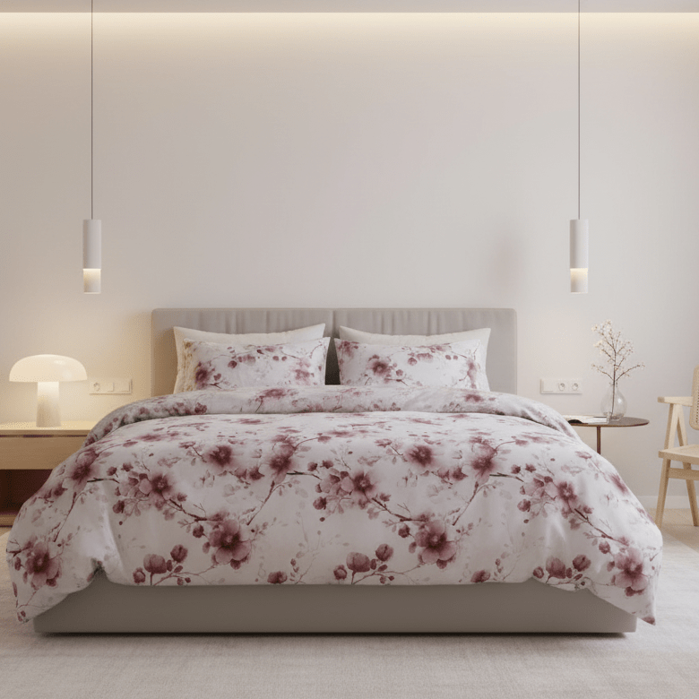 Queen size 6 - piece duvet cover set featuring a Sakura Dusty Pink print on a white background. - BusDeals