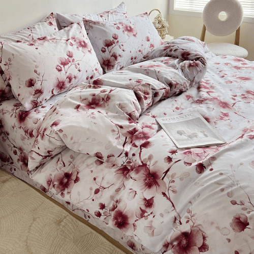 Queen size 6 - piece duvet cover set featuring a Sakura Dusty Pink print on a white background. - BusDeals