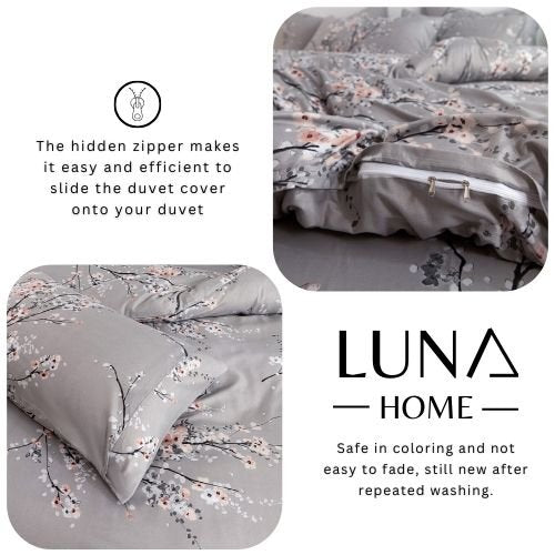 Queen size 6 piece duvet cover set gray plum blossom bedding set. - BusDeals