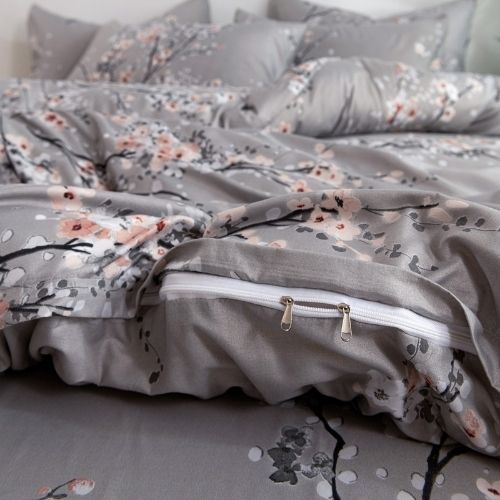 Queen size 6 piece duvet cover set gray plum blossom bedding set. - BusDeals