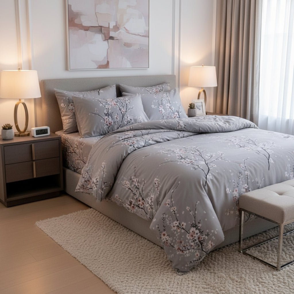 Queen size 6 piece duvet cover set gray plum blossom bedding set. - BusDeals