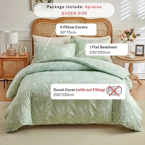 Queen size 6 piece duvet cover set green floral bedding set. - BusDeals