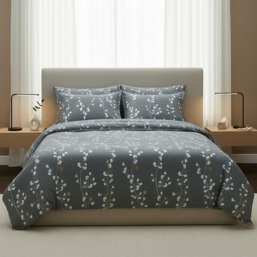 Queen size 6 - piece duvet cover set grey yellow branches print pattern. - BusDeals