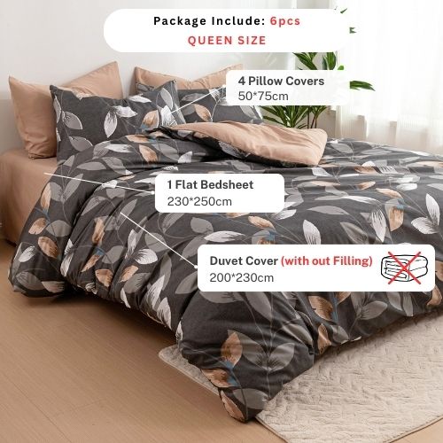 Queen size 6 piece duvet cover set, Leaves design bedding set - BusDeals